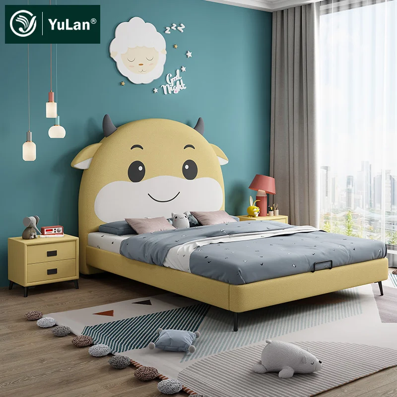 Yellow Leather Cow Headboard Bedding Set Children Beds Furniture Queen Size Single Wood Frame Bed for Girls