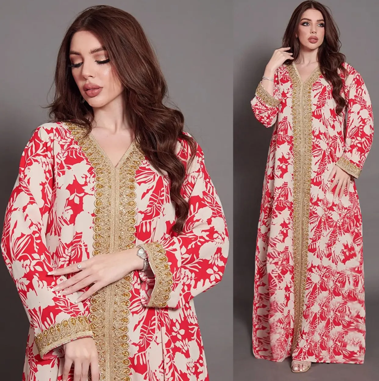 2022 new arrival Muslim clothing Arabic women abaya dress red white flower print diamond Moroccan dresses