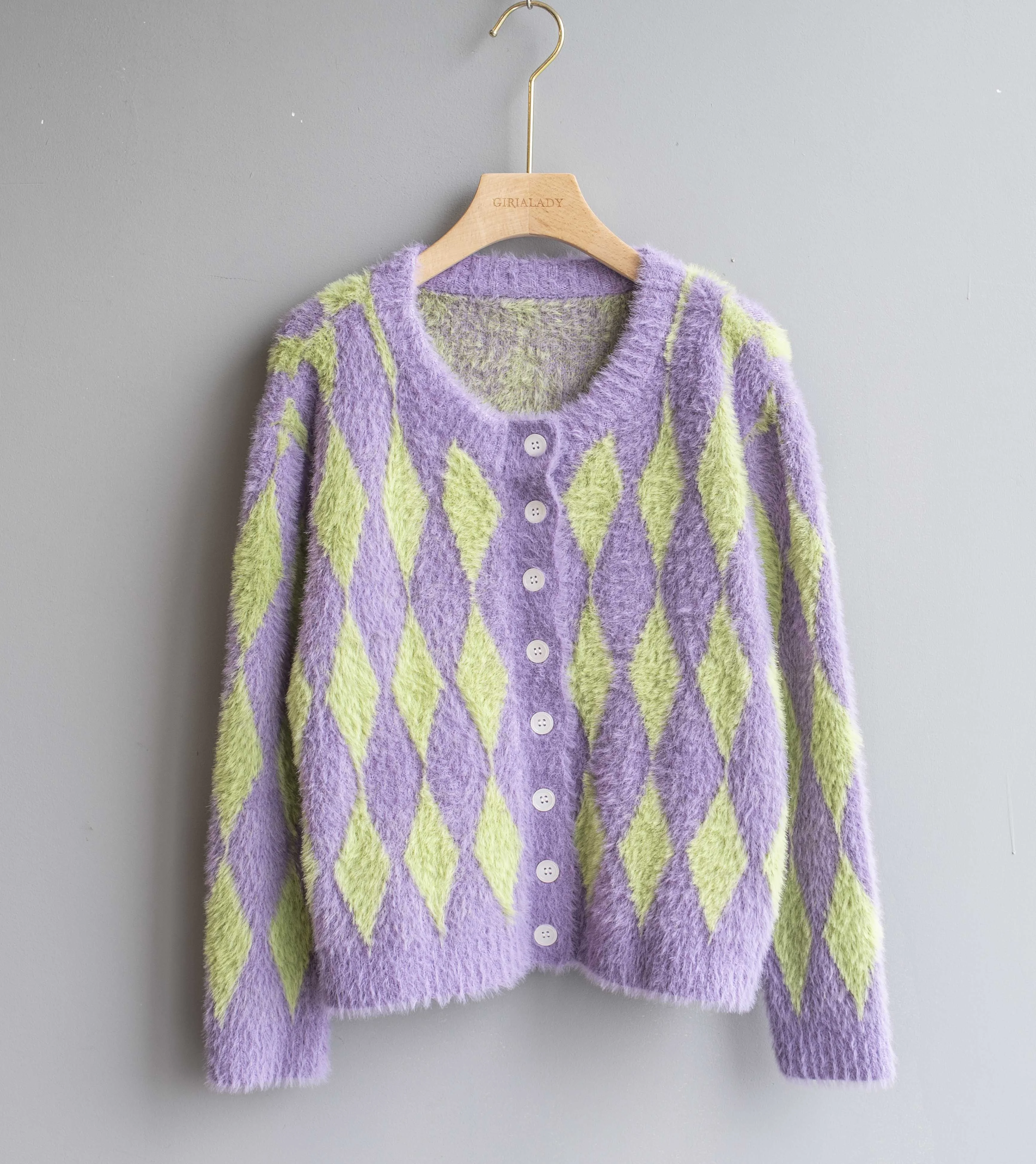 Women knitted diamond Knitwear hairy cardigan Crew neck Sweater argyle pattern Winter Clothing
