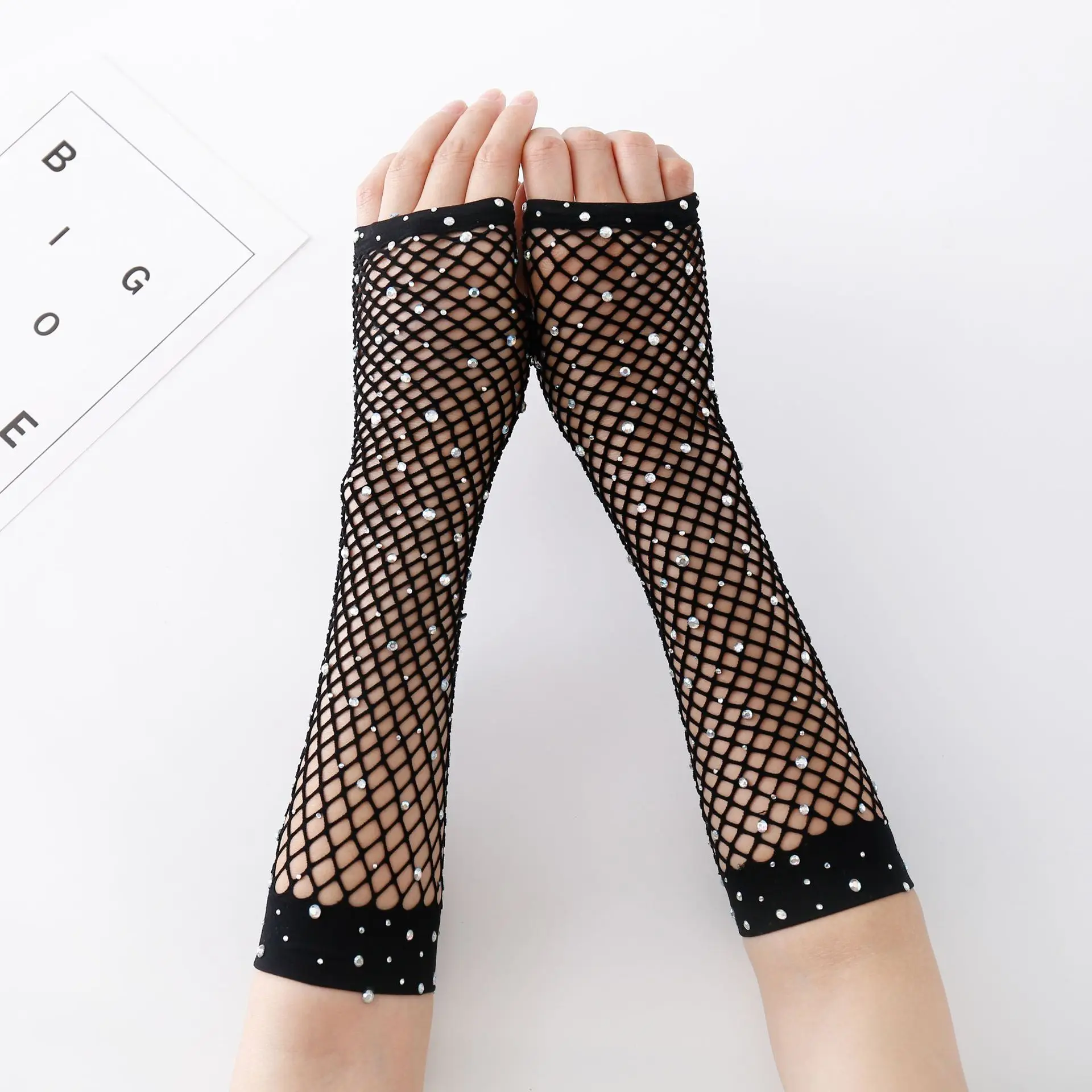 Fashion Cosplay Costume Accessories for Women Bling  Rhinestones Fishnet  Gloves for Single Party Bride Gloves
