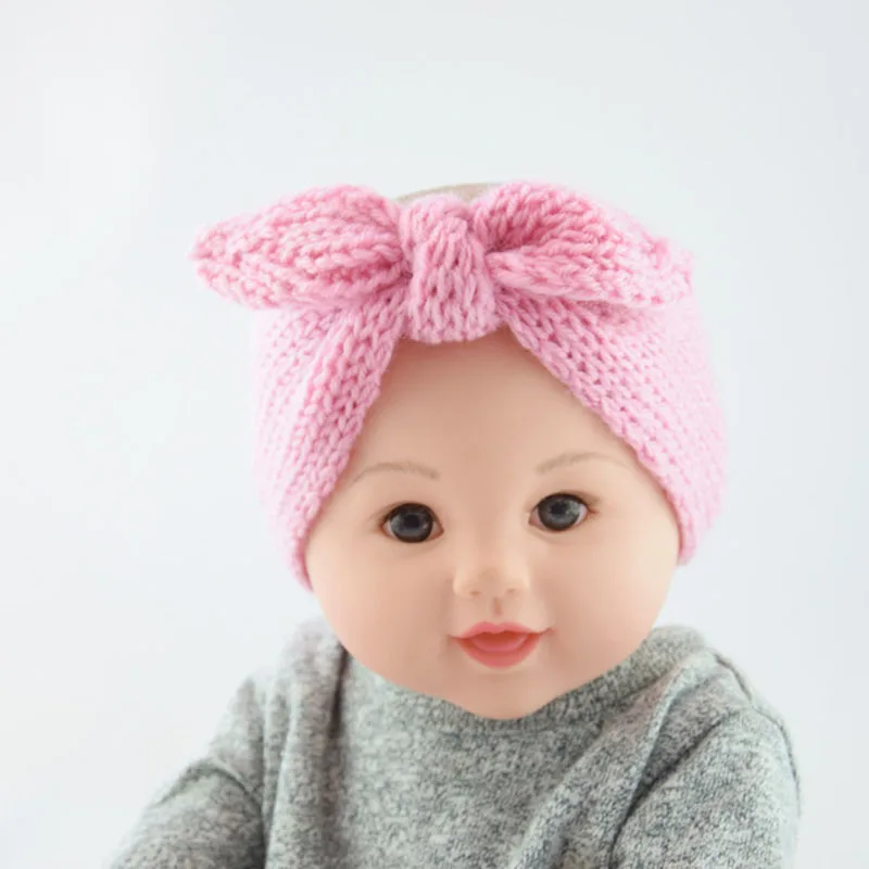 HZO-24130 Hot selling kids knitted hair bands solid color bunny ear hair wraps little girls bow knot crochet headbands for baby