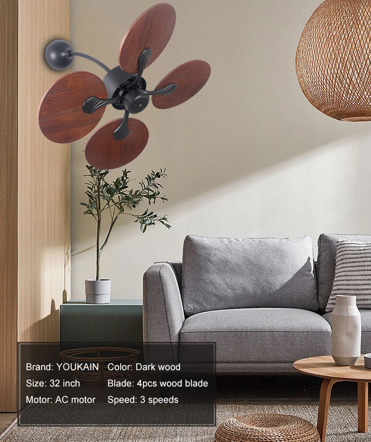 YOUKAIN New Design energy saving small ceiling fan wood wall mounted fan remote control ceiling fan