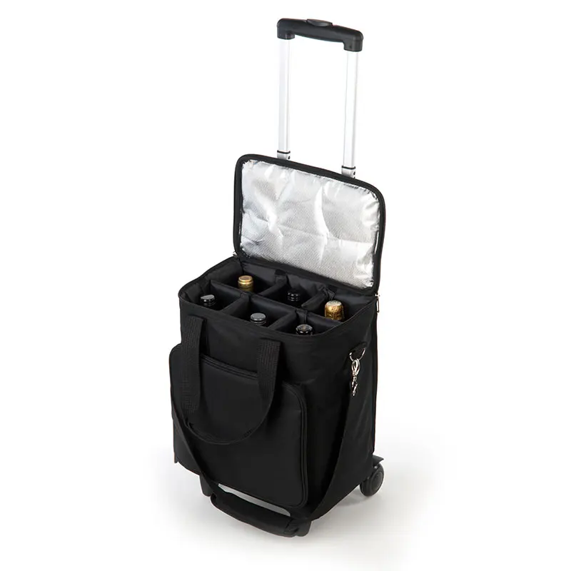 
Hot sell large capacity 6 Bottle wine carrier insulated cooler tote bags wheel trolley Cooler Bag 