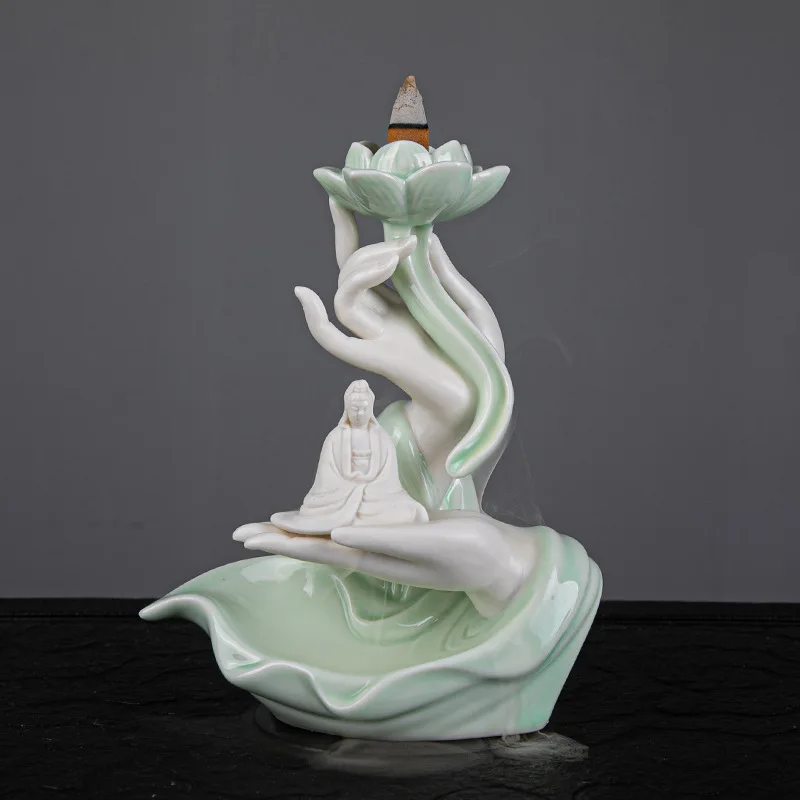 Hot sale Zen buddha hand lotus waterfall agarwood Ceramic backflow incense burner