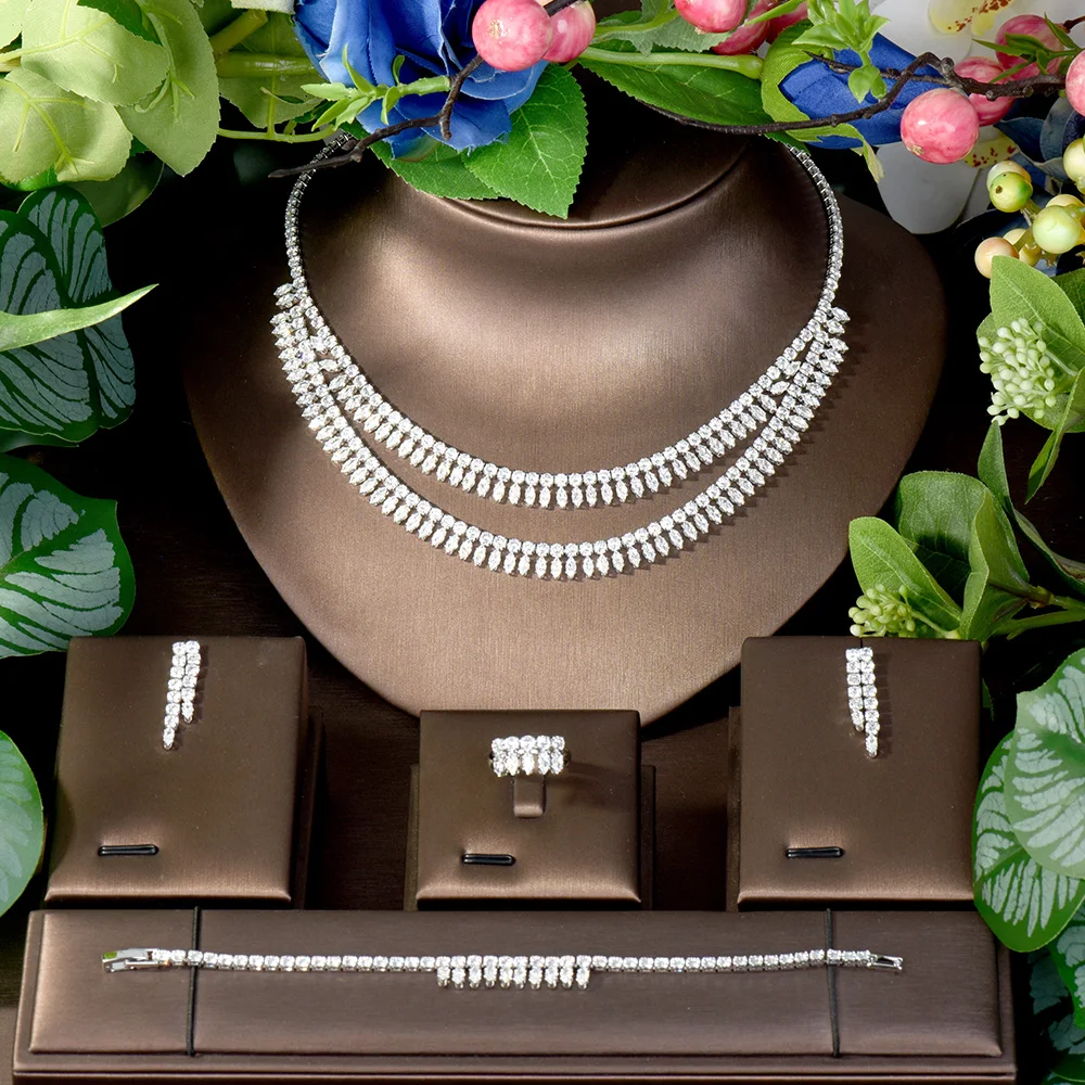 Deluxe Chic Stacked Tassel Necklace Peplum Earrings Cubic Zirconia Bridal Costume Wedding Party Accessories Set S-156