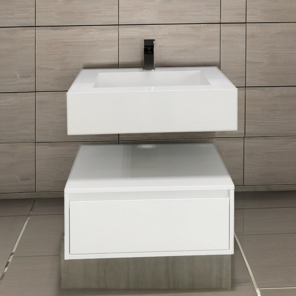 Customized wooden hotel engineering series bathroom cabinet white with mirror, seamless basin on rock countertop