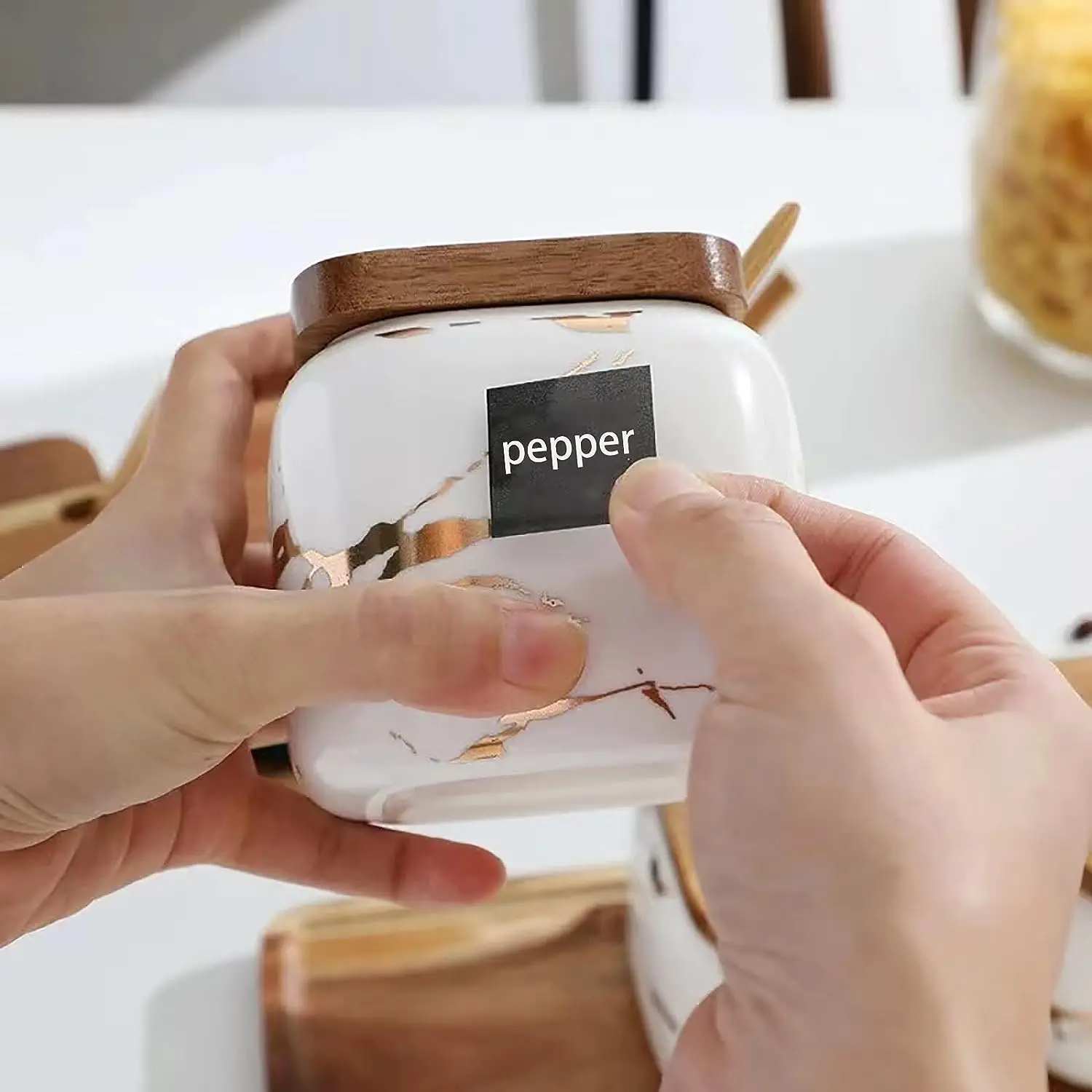 3 pcs Porcelain Condiment Jar Set Kitchen Ceramic Spice Jar with Bamboo Tray Marbled Ceramic Storage Jar