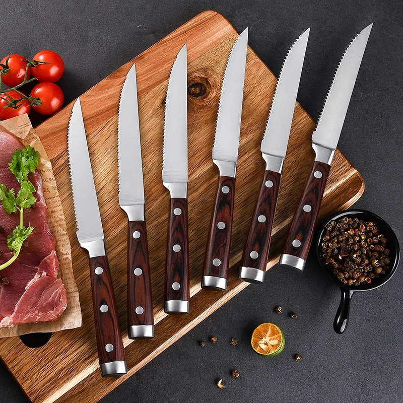 RUITAI Custom steak knives set 6pcs pakkawood handle serrated knife with Knife gift box