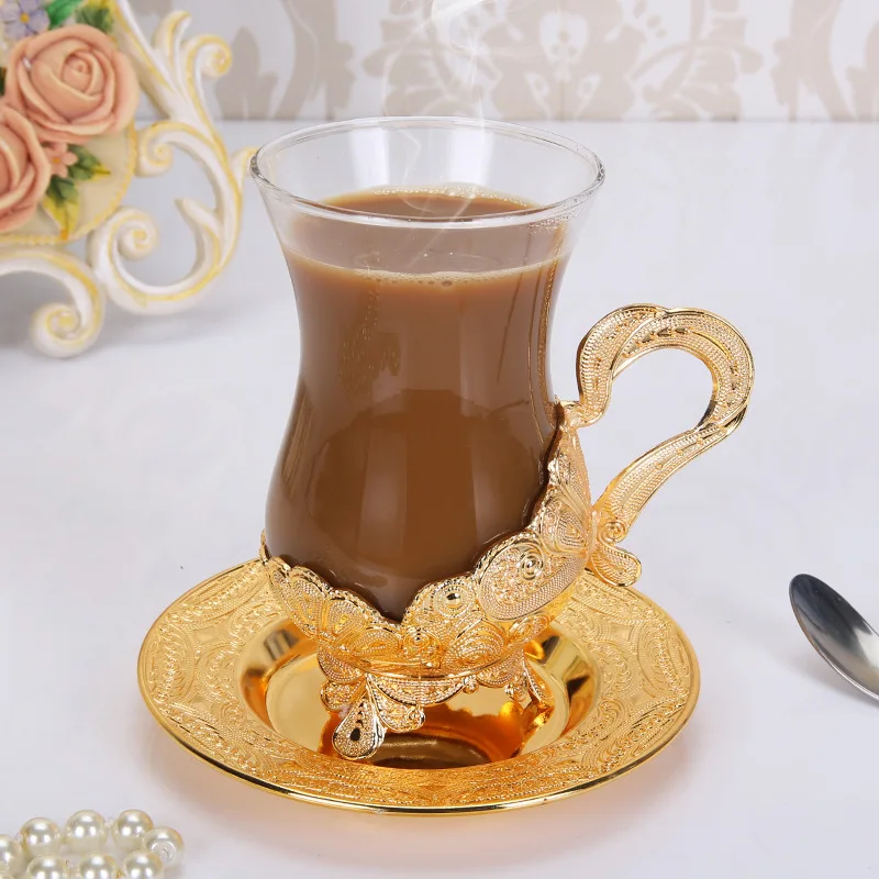 QIAN HU  Arabic Tea and Coffee Set Glass cup set Saucers with Metal Holder for Wedding Home Decoration