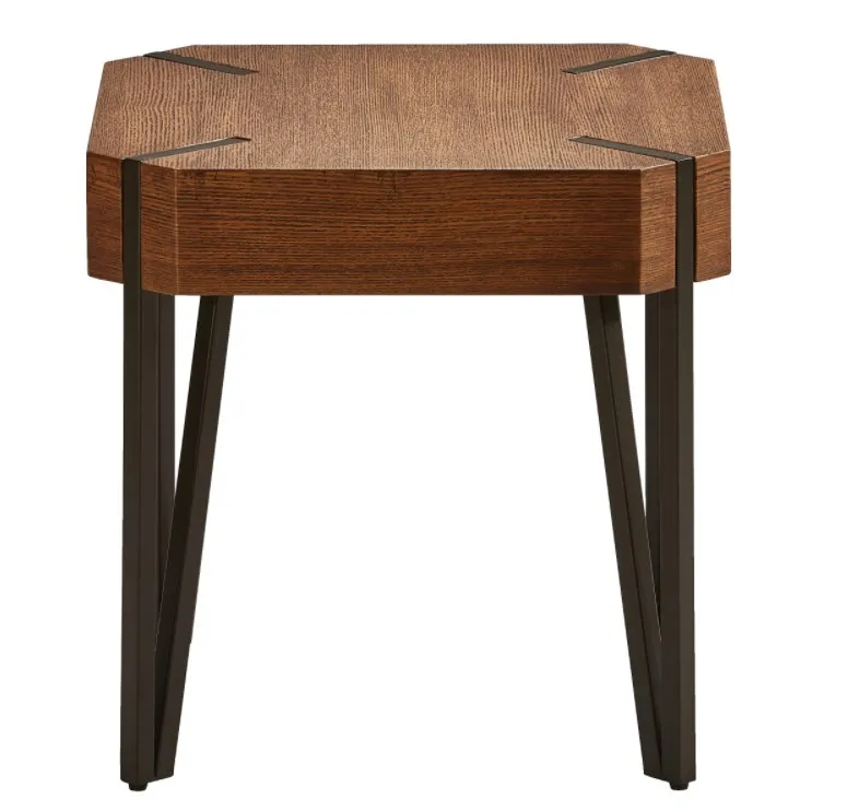 A contemporary brown solid wood square side table adds an elegantly placed balcony and garden to the living room