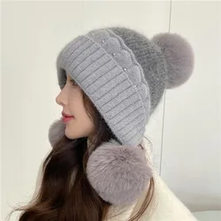 Warm Wool Ball Ear Protection Face Knitted Riding in Autumn and Winter Cold Proof Pullover Hats Korean Fashion