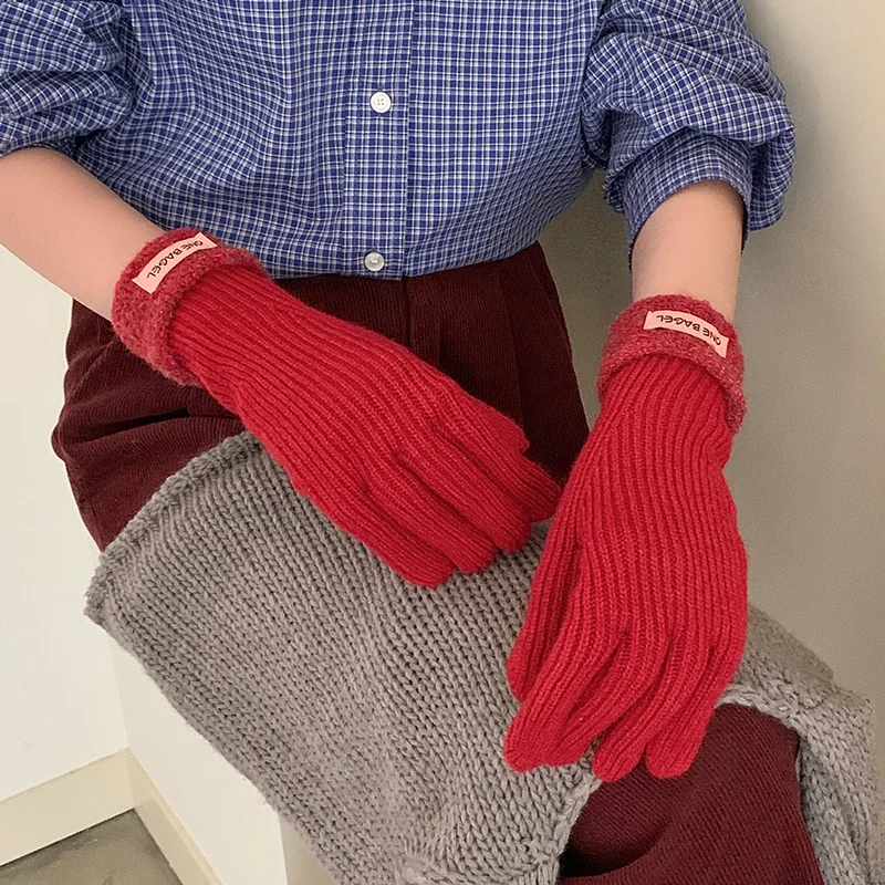 Wholesale Thick Warm Full Fingers Knitted Glove Soft Touch Screen Solid Color Gloves