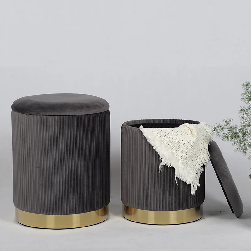Custom living room furniture fabric stool round pouf modern ottoman storage with gold steel base removable cover stool