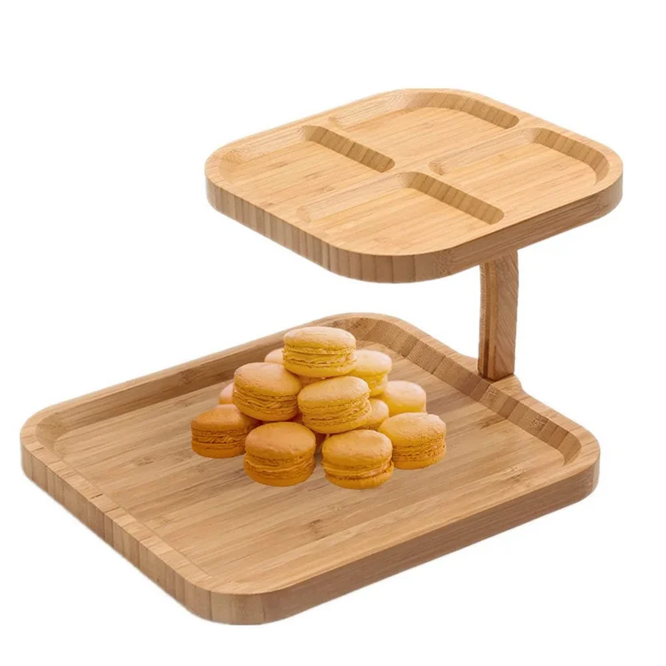 High quality square natural wooden cake stand 2 tier tray bamboo dessert tray