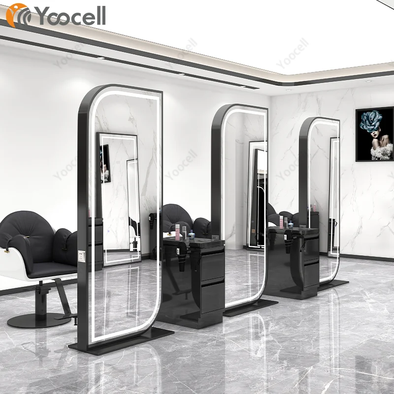 Yoocell high quality black double side barber mirror barber stations hair dressing salon mirror with LED light for beauty salon