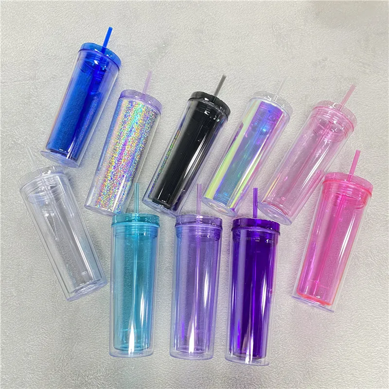 Clear Drinkware 16oz 19oz 20oz Insulated 10 colored Laser holographic Glitter Bomb Plastic Straight cups With lids and straws