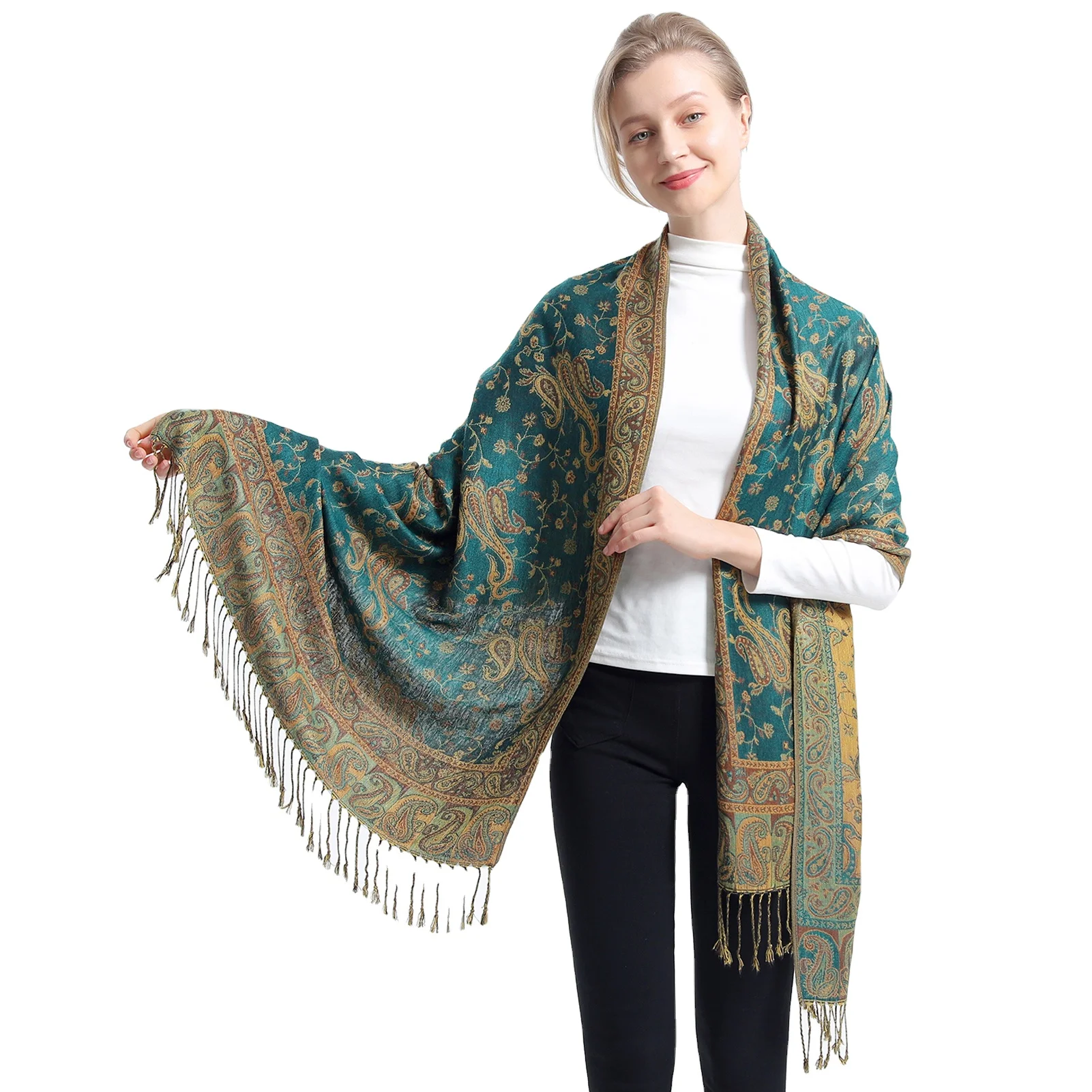 Wholesale Stocked High Quality Jacquard Paisley Pashmina Scarf Shawl Wrap with Tassels for Women
