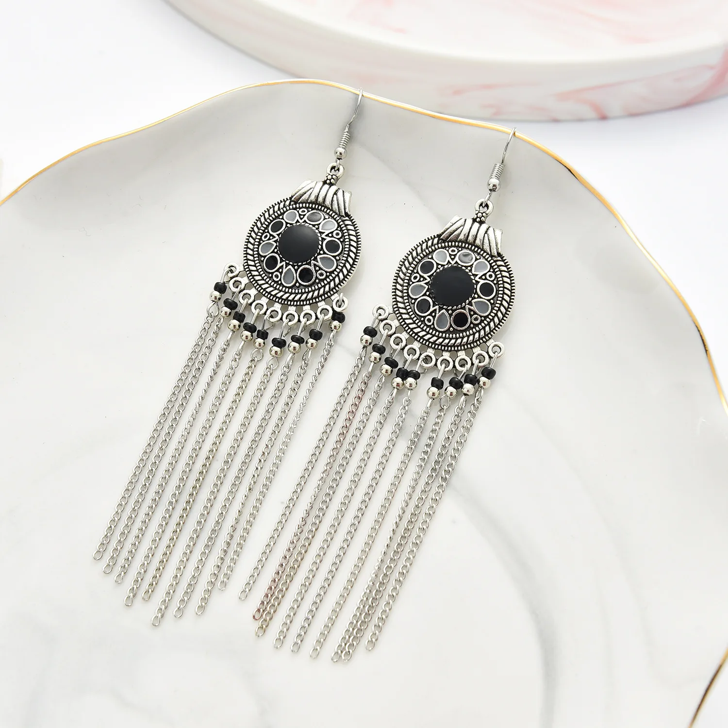 Vintage Tassel Earring Antique Silver Color Statement Ethnic Clover Enamel Drop Earring Bohemian Fashion Women Earring Jewelry