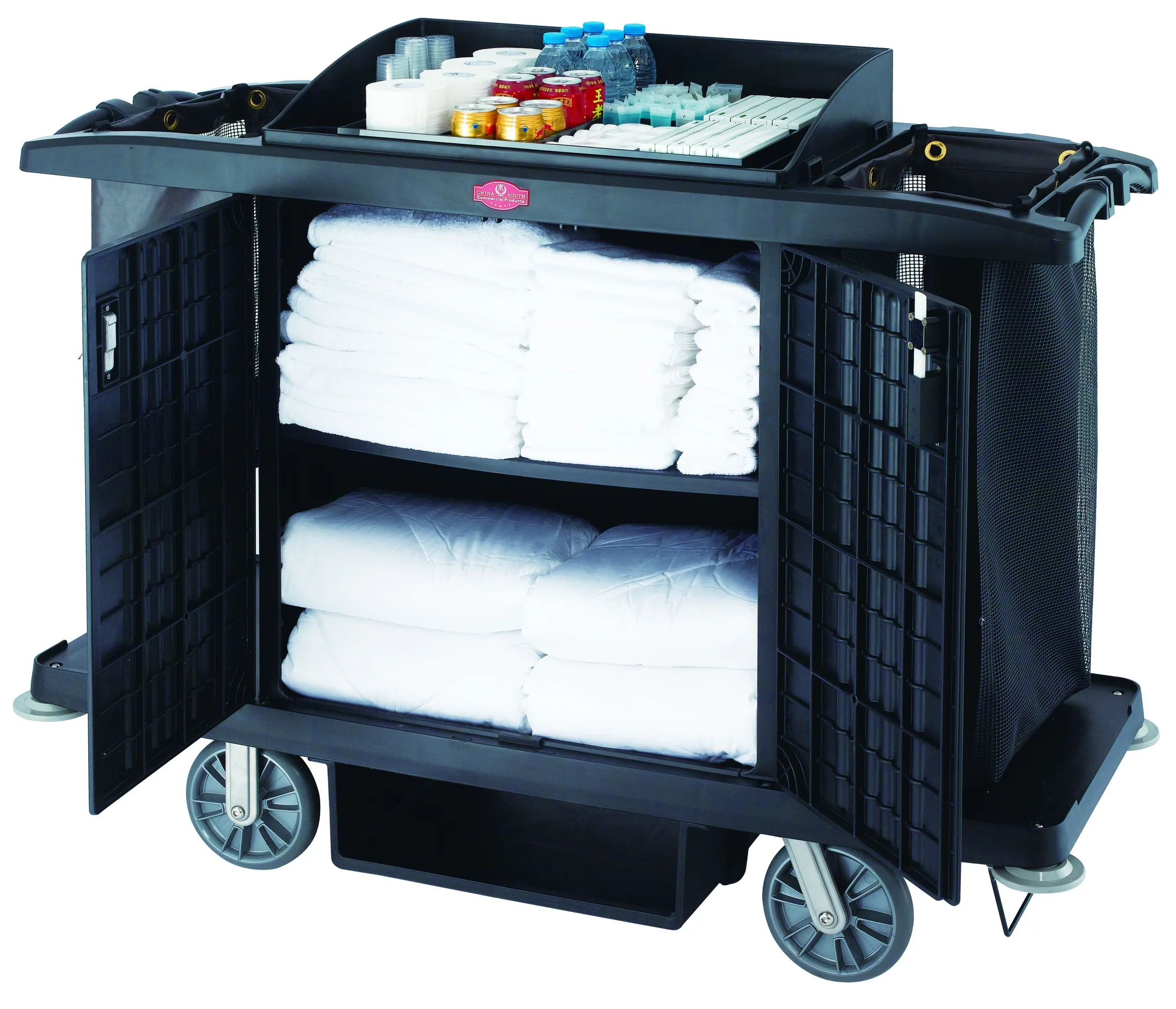 Foshan High Quality Hotel Multifunctional Plastic Utility Service Hand Carts Housekeeping Cleaning Maid Servicing Trolley Cart