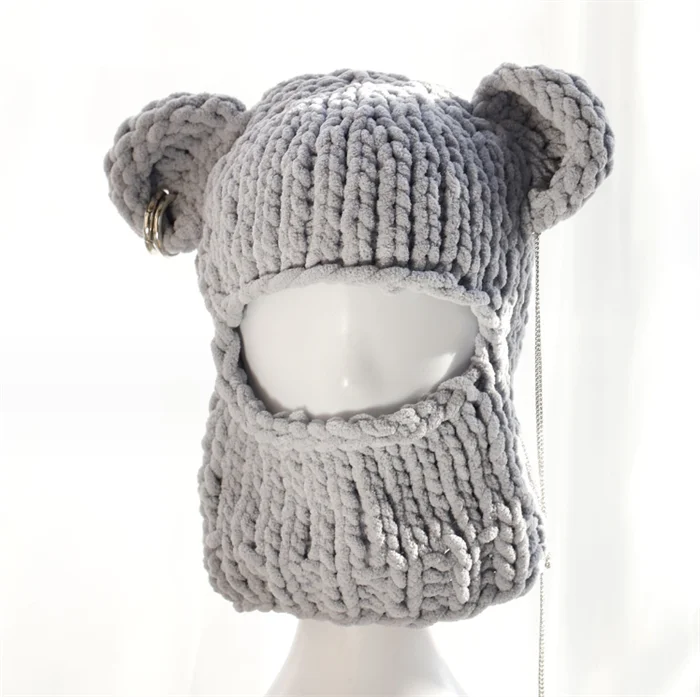 SZ815 Funny Hooded Beanie Mask Halloween Party Hat Masquerade Hat Scarf Halloween One Hole Balaclava with Bear Ear