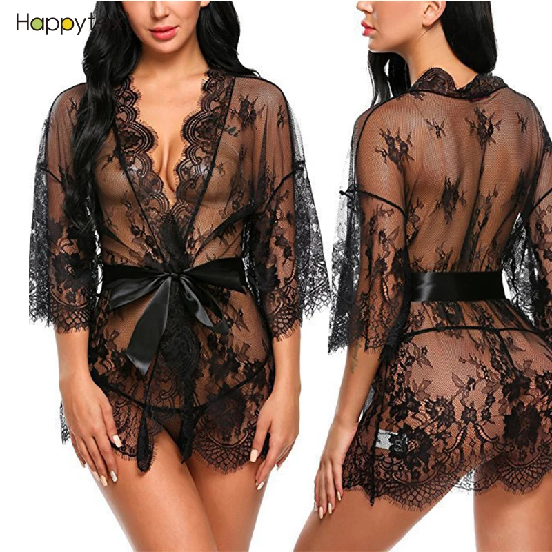 2021 High Quality Lace Mesh White Bridal Kimono Robe Transparent Lace Dresses Women Soft Homewear Sleepwear Cheap Price