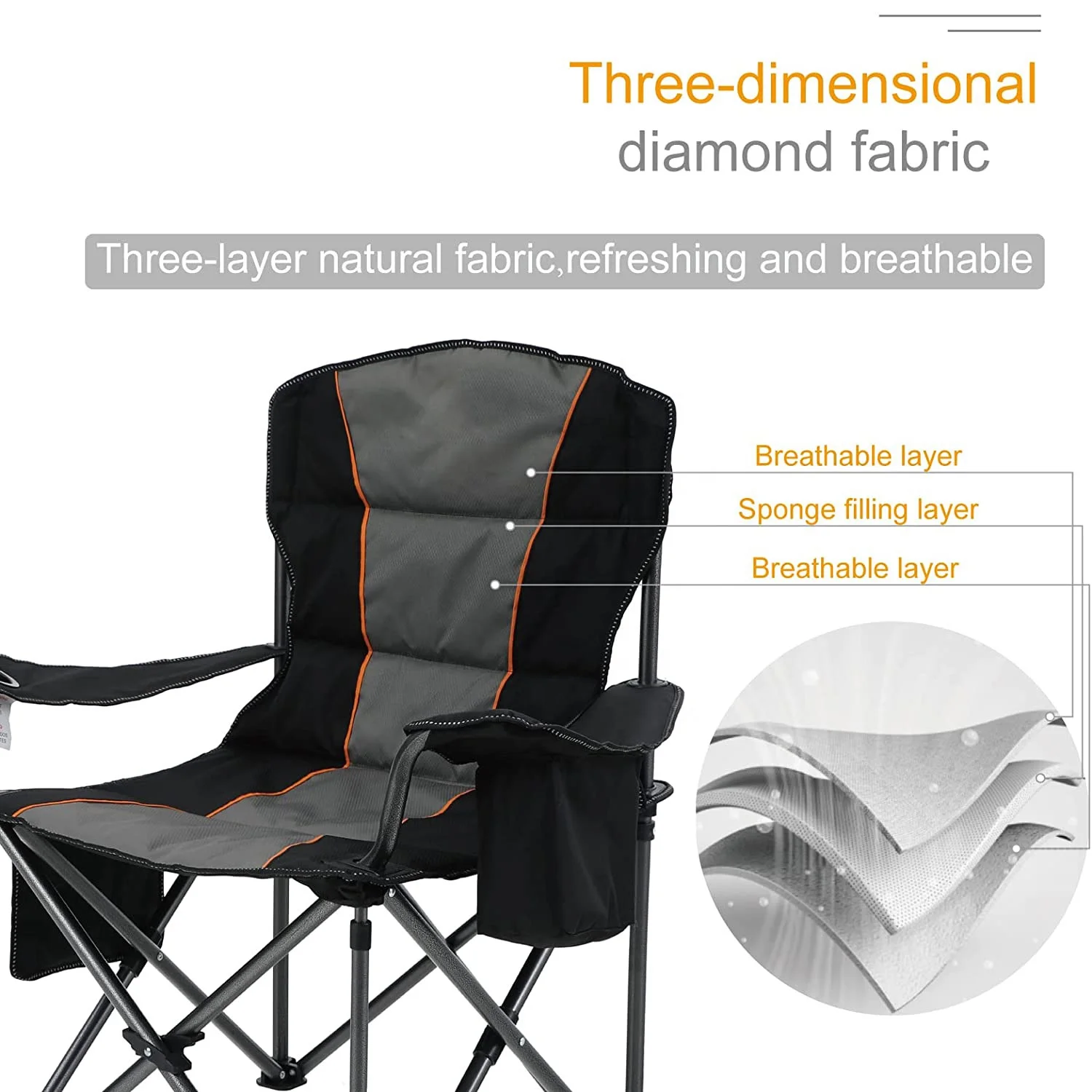 Oversized Camping Folding Chair Heavy Duty Support 450 LBS Steel Frame Collapsible Padded Arm Chair with Cup Holder