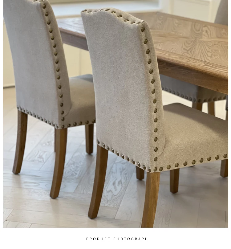 Wholesale Solid Wood Dining Chair Copper Rivet Chair Vintage Cloth Soft Chair Restaurant Personality Furniture