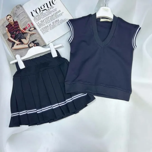 Kindergarten school uniform suit girl v neck vest toddler kids striped patchwork pleated skirt student back to school clothing