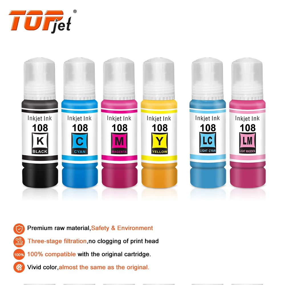 Topjet 108 Ink 70ML Premium Compatible Water Based Bulk Bottle Dye Ink Refill Kits for Epson ECOTANK ET-18100 L18050 Printer