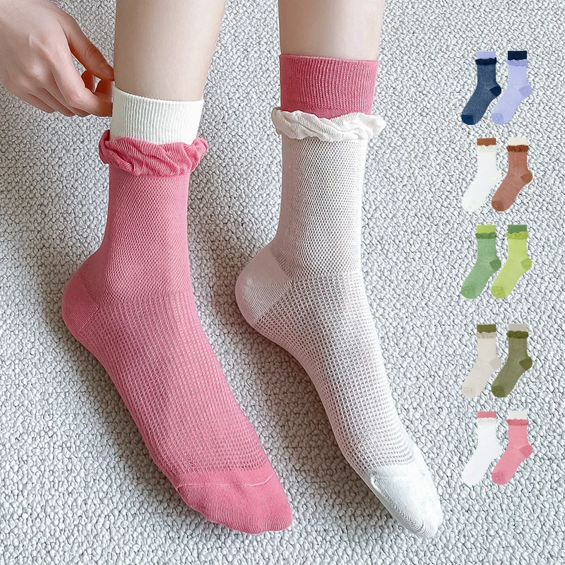 Fashion design double rims mismatched socks women AB cotton crew socks