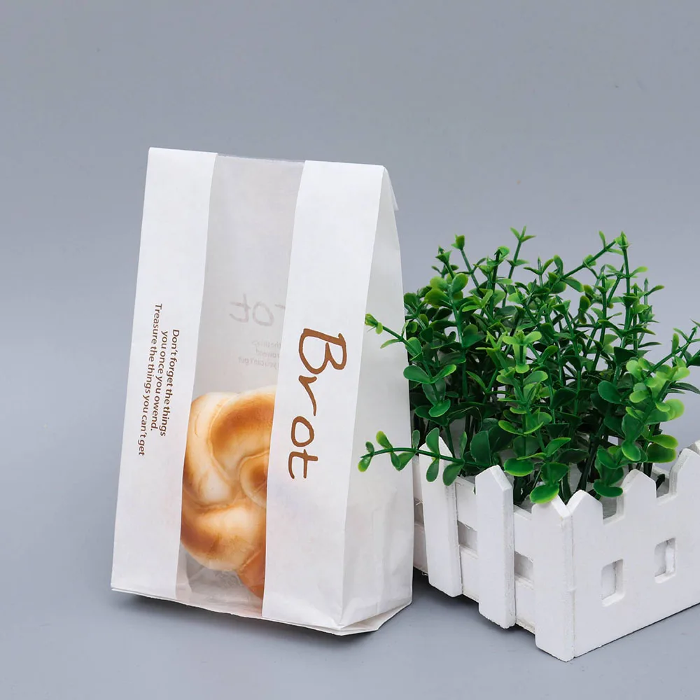 Custom Packaging Kraft Bread Bag Cake Baguette Croissant Box Food Paper Handle Gift Wedding White Disposable Self Adhesive Seal