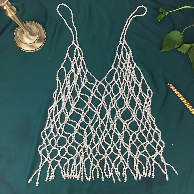 Wholesale Elegant Body Jewelry Bra Halter Jewelry White Black Pearl Tops Summer Bikini Sexy Body Chain Hollow Out Vest Blouse
