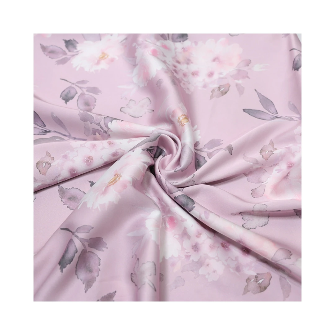 Elegant And Beautiful Design Satin Silk Printed Fabric Lightpurple Flower Patterns Glossy And Skin-Friendly For Dress