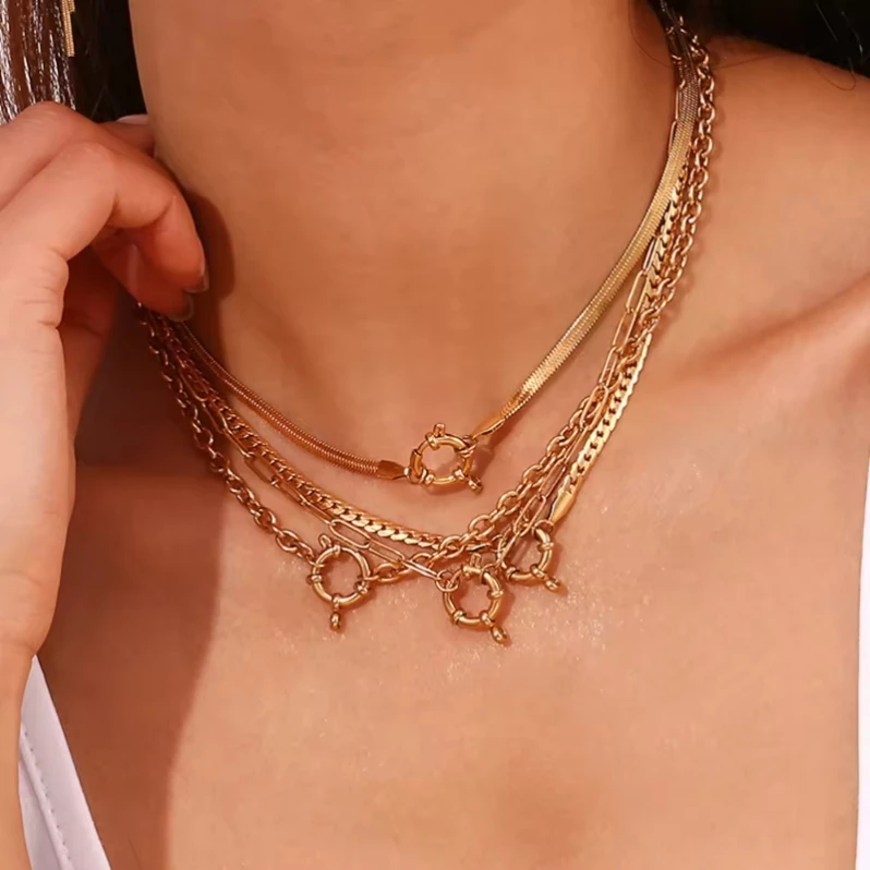 Wholesale New 18K Gold Plated Stainless Steel Spring NK Snake Link Chain DIY Zircon Charm Pendant Necklace for Women