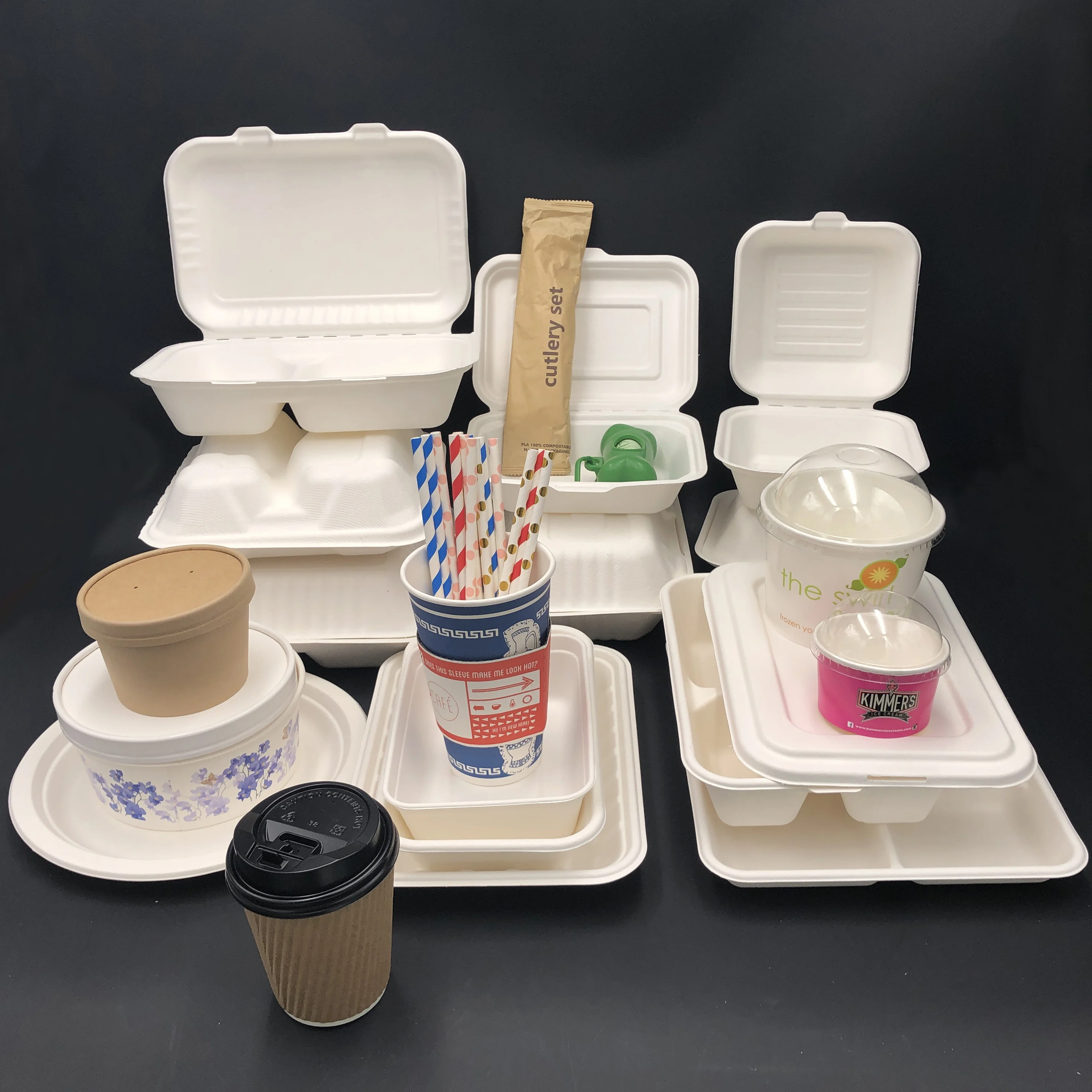 sugarcane bagasse compostable tableware takeout hinged clamshell food box biodegradable disposable luxury dinnerware sets