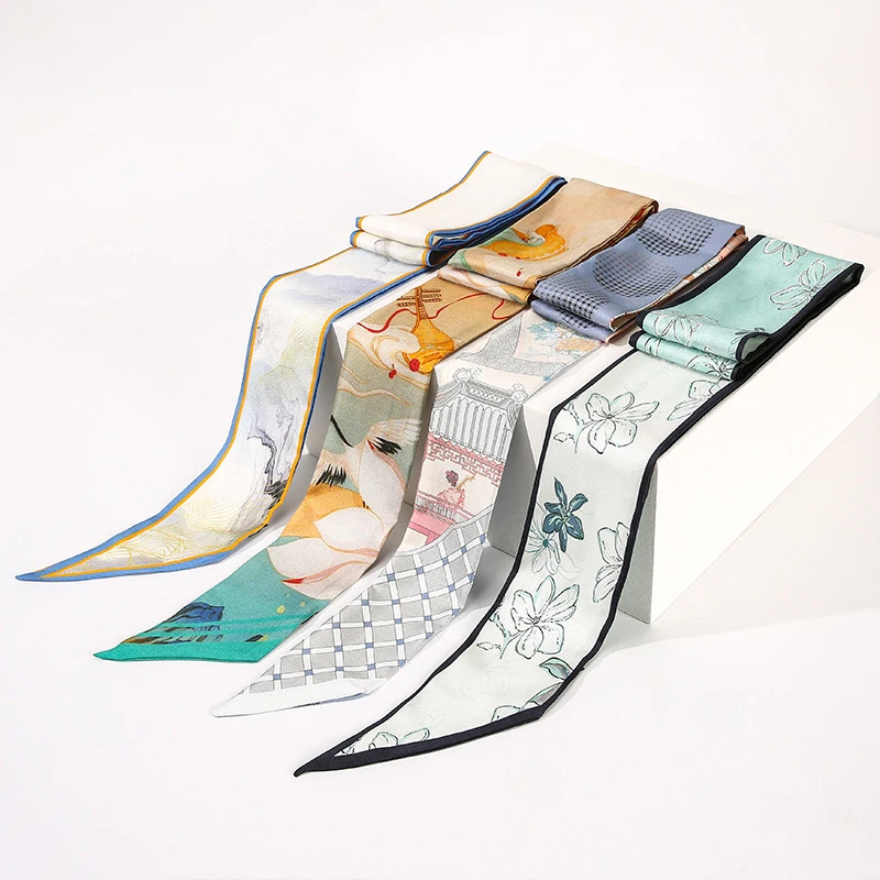 Chinese Style Pattern Digital Printed 100% Mulberry Silk Scarf Neck Silk Scarf 6*125cm Long for Bags and Women