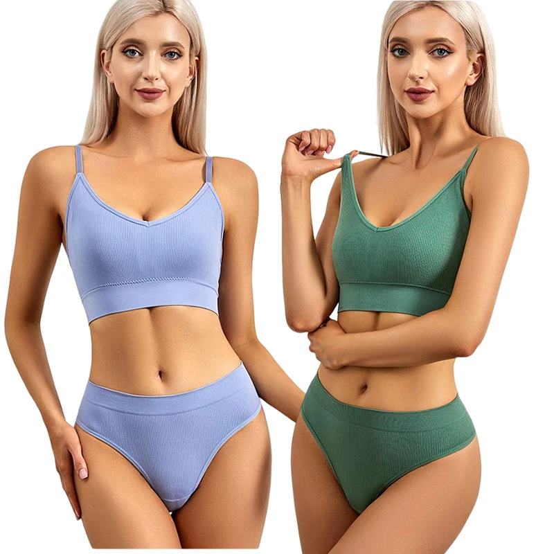 Customize Logo Women Bra Thong Set Sporty Underwear Set Free Size Seamless Bra with Removable Pads Sexy Plain Dyed Knitted