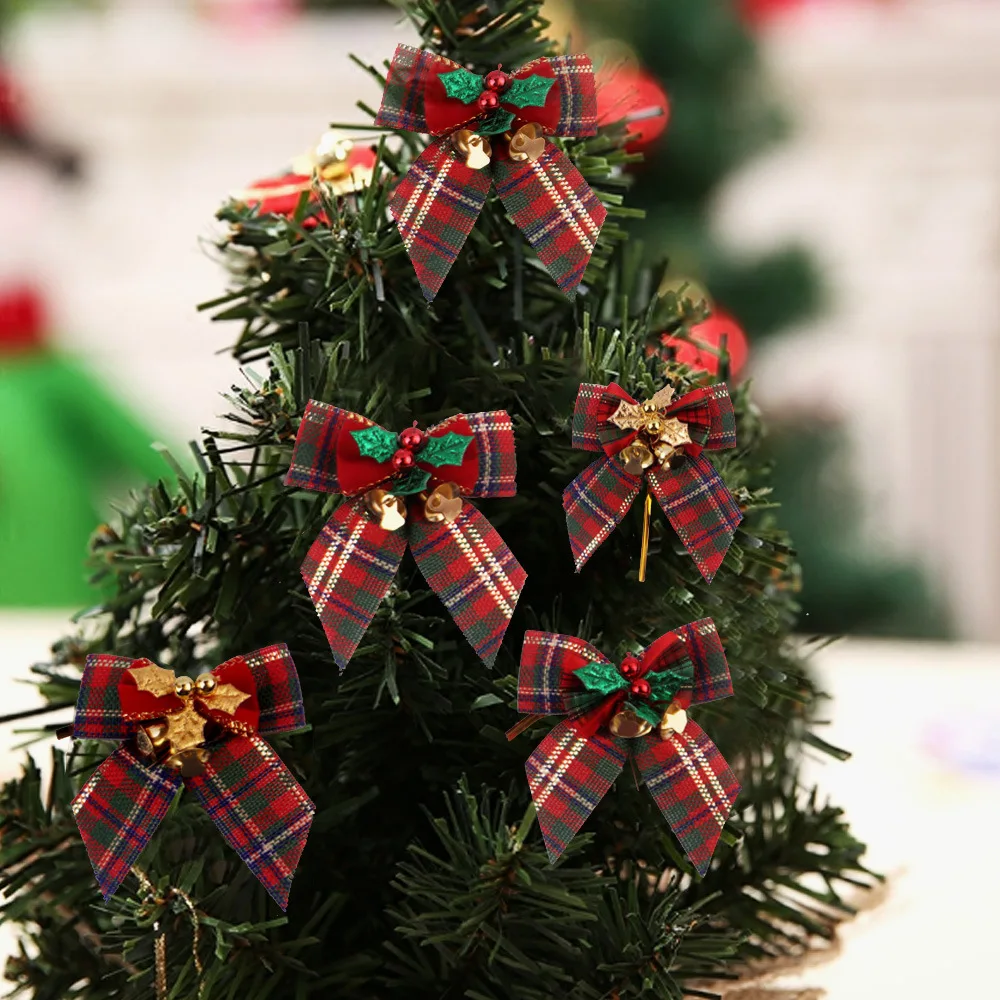 Bowknots Christmas Bows With Iron Bells Christmas Tree Decorations Party Tie DIY Gift Bow Mini Craft