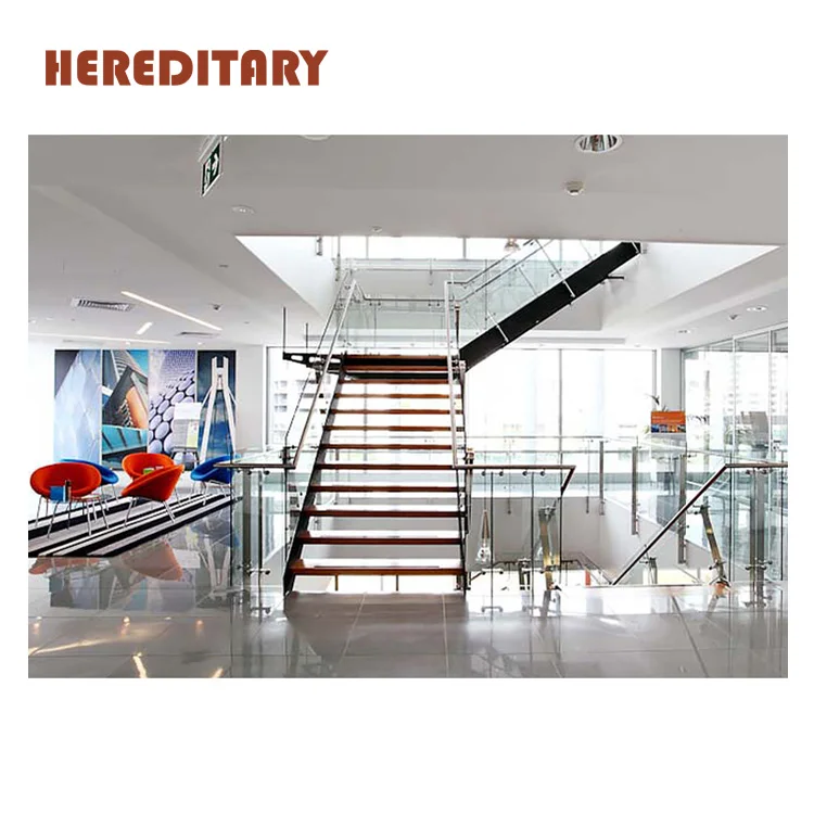 Wrought iron wooden stairs treads staircase with tempered glass stair parts