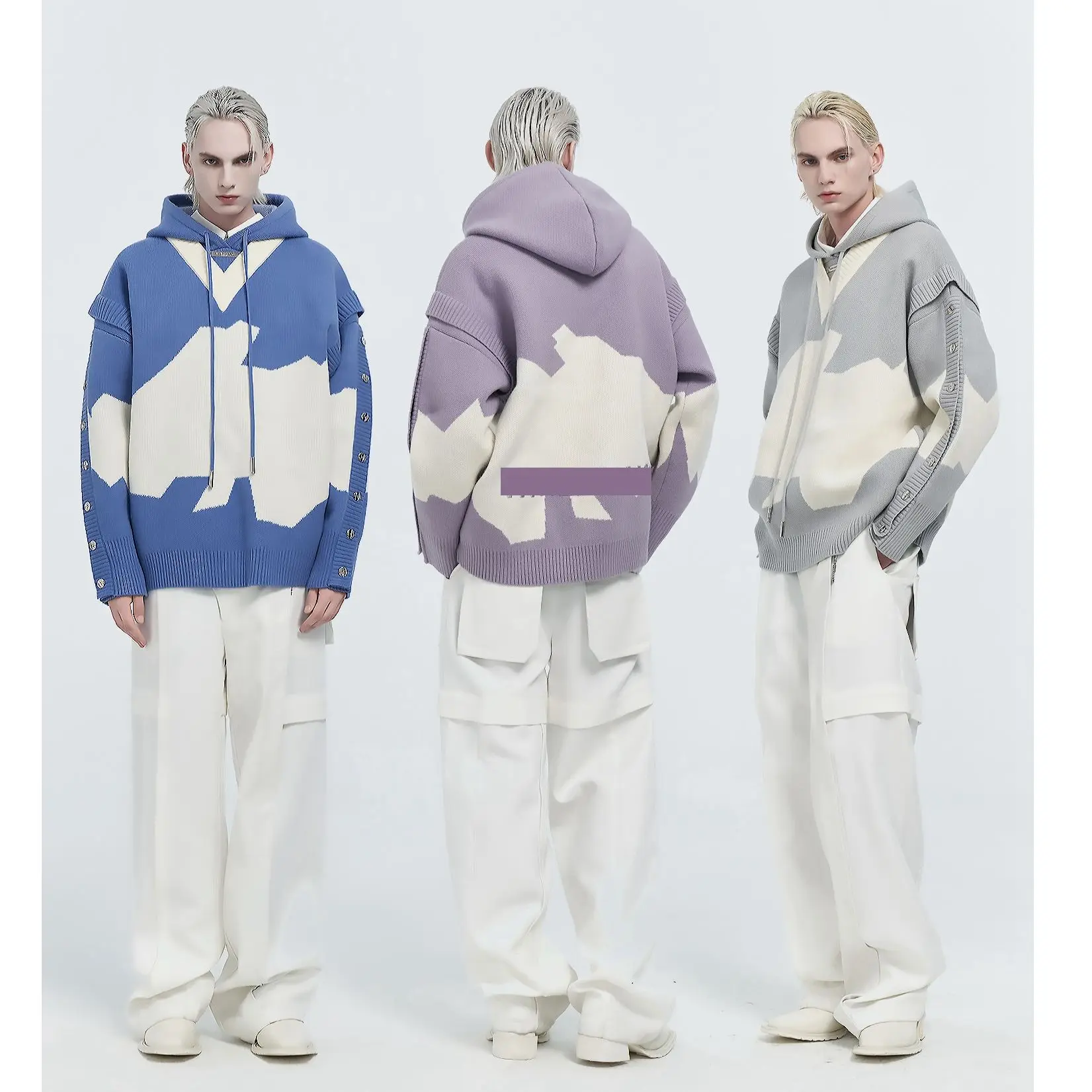 2023 Custom knitting Jacquard Knitted pullover hoodie heavy Cotton Knitwear men oversized Sweaters