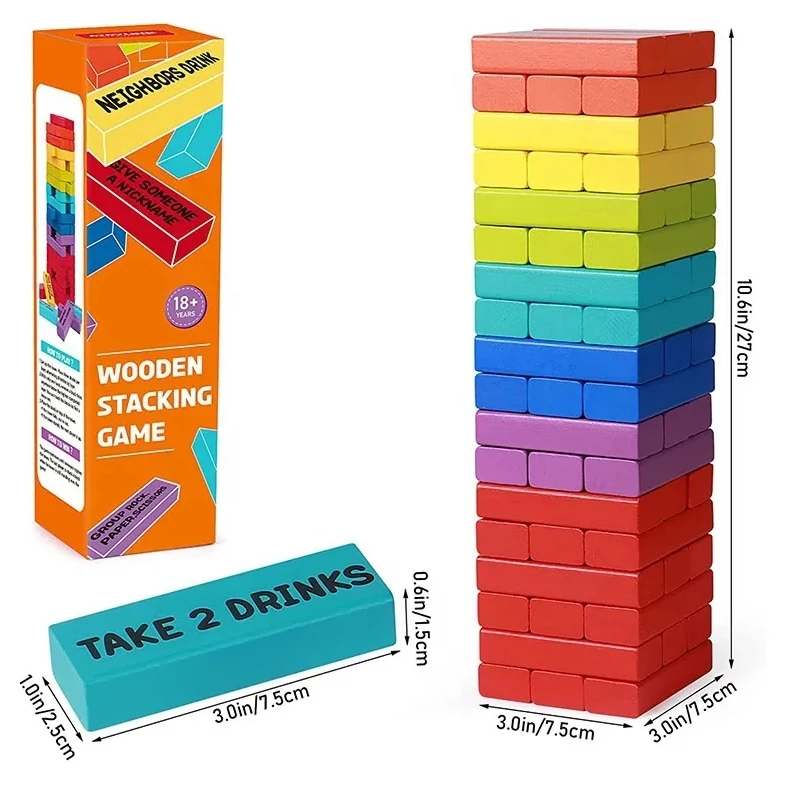 Timber Tower Wood Block Stacking Game Original Rainbow Drunken Trower Edition (48 Pieces)