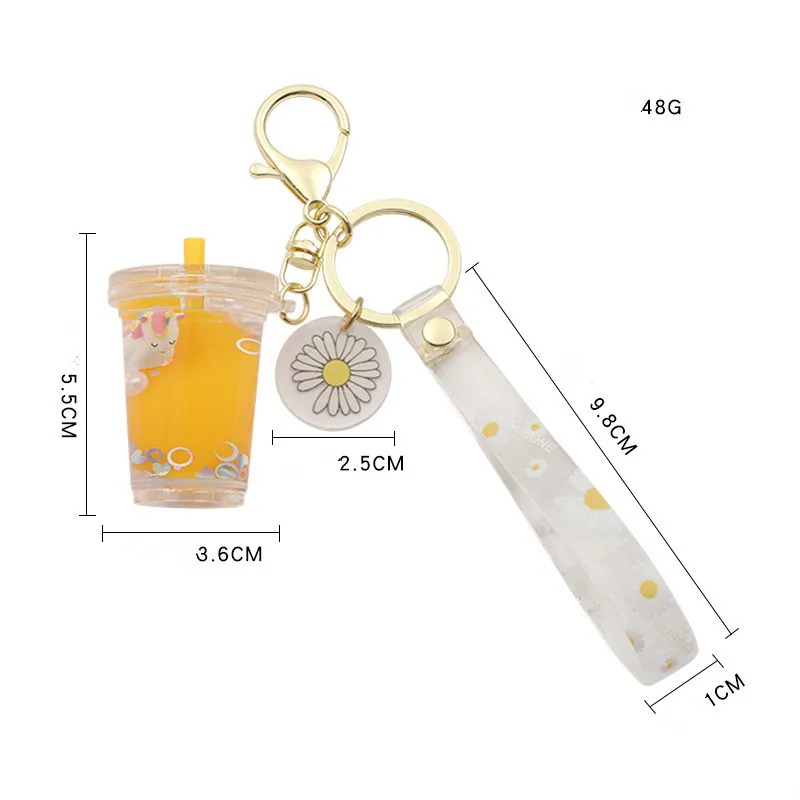 CustomMoving Liquid Quicksand Cute Keychain Charms Milk tea  Daisy Floating Keyring for Women Charm Bag Pendant Kids Gift