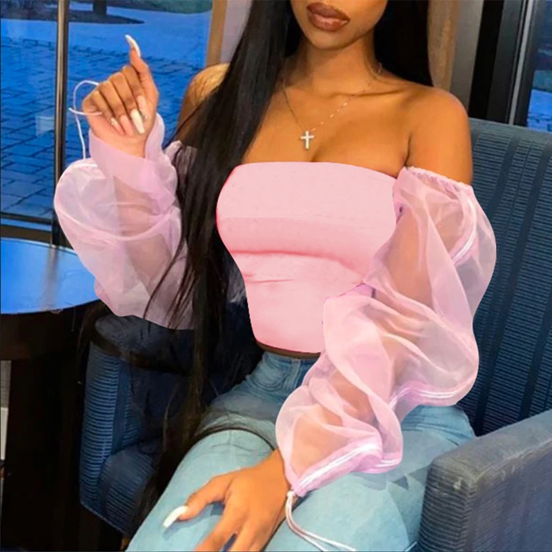 CA2361A trendy tops for women sexy off the shoulder crop top long sleeve cute shirt