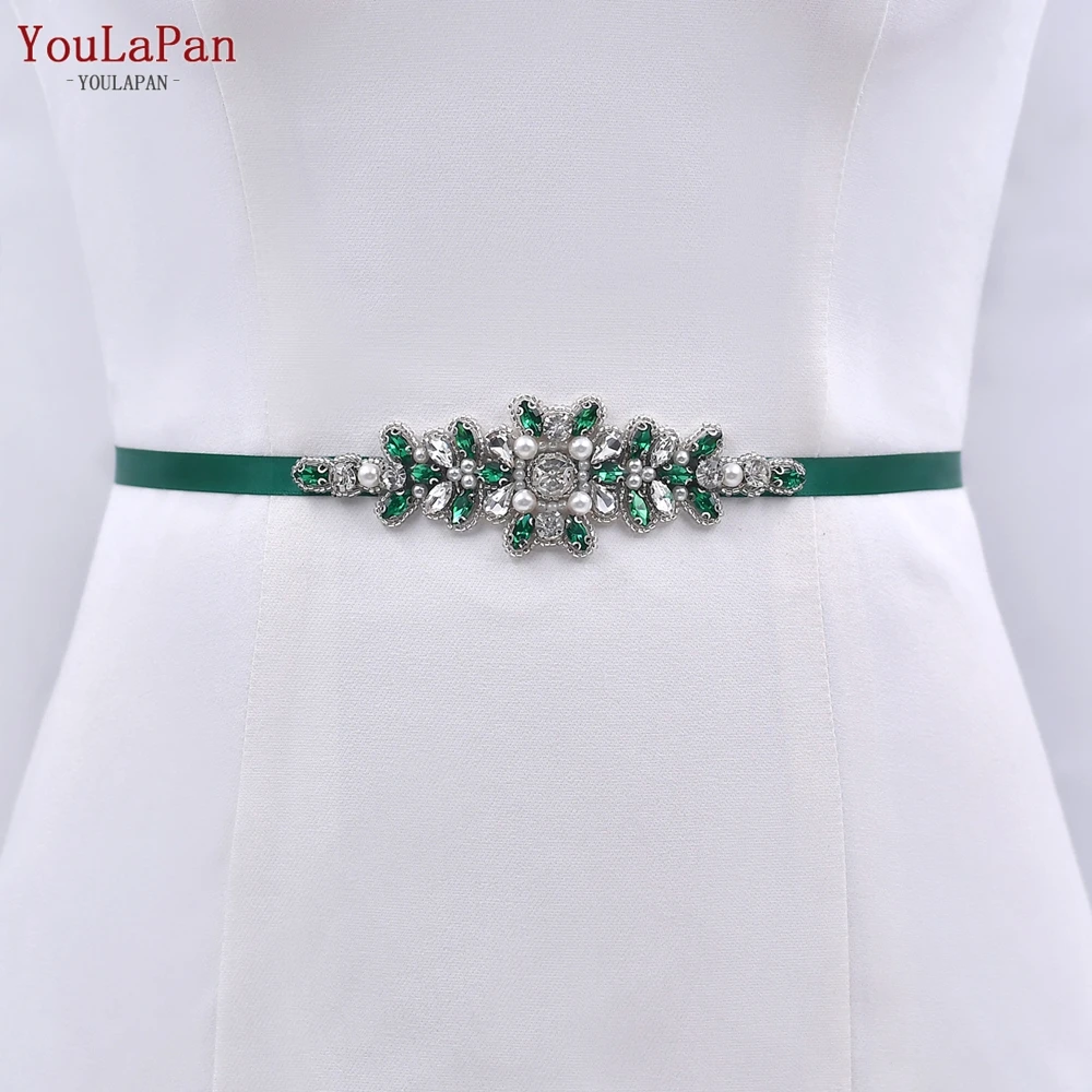 YouLaPan S270-G Exquisite Green Dress Thin Belt Emerald Pearl Hand Applique Cheap Bridal Wedding Waist Belts
