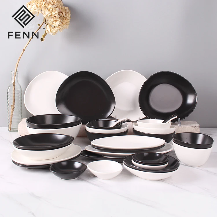 New product western style cobblestone design black matte ceramic 16 piece dinnerware set