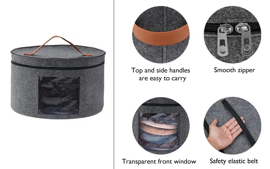 Foldable travel hat box storage organizer both side handle round felt hat storage box for women men
