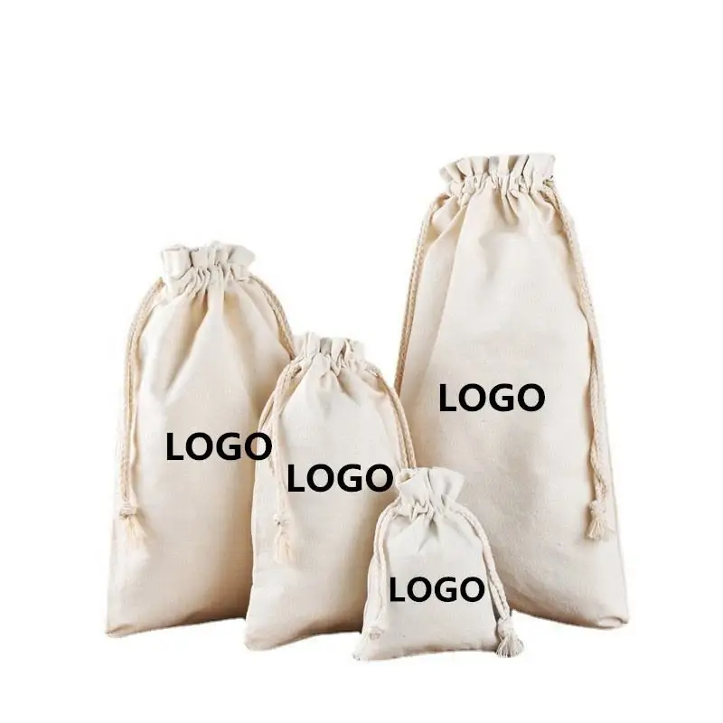 Recyclable organic muslin eco friendly custom logo drawstr canvas white black printed mini small pouch cotton drawstring bags