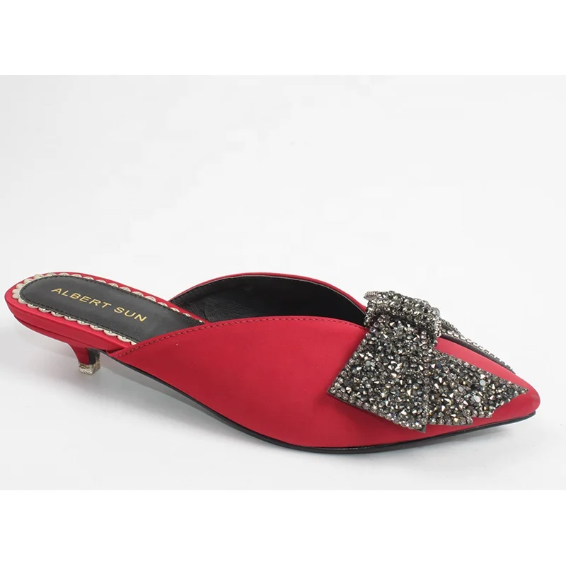 Ladies girls low heel satin party wedding fancy cushion diamante pointed mules slides shoes