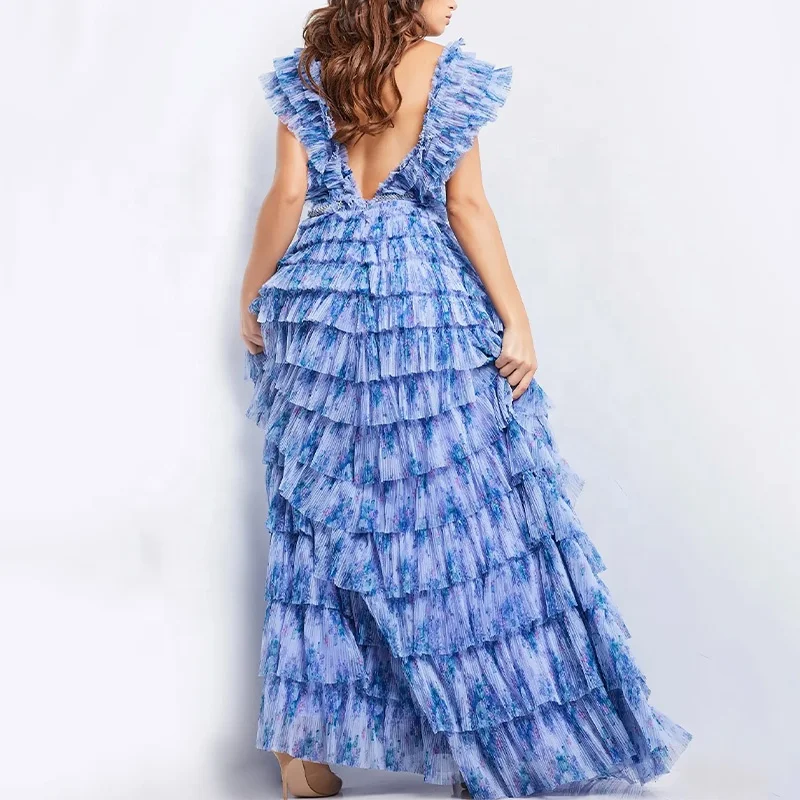 PD2412 designer custom dress multicolor floral print low v neck ruched pleated ruffles long a-line prom dresses women
