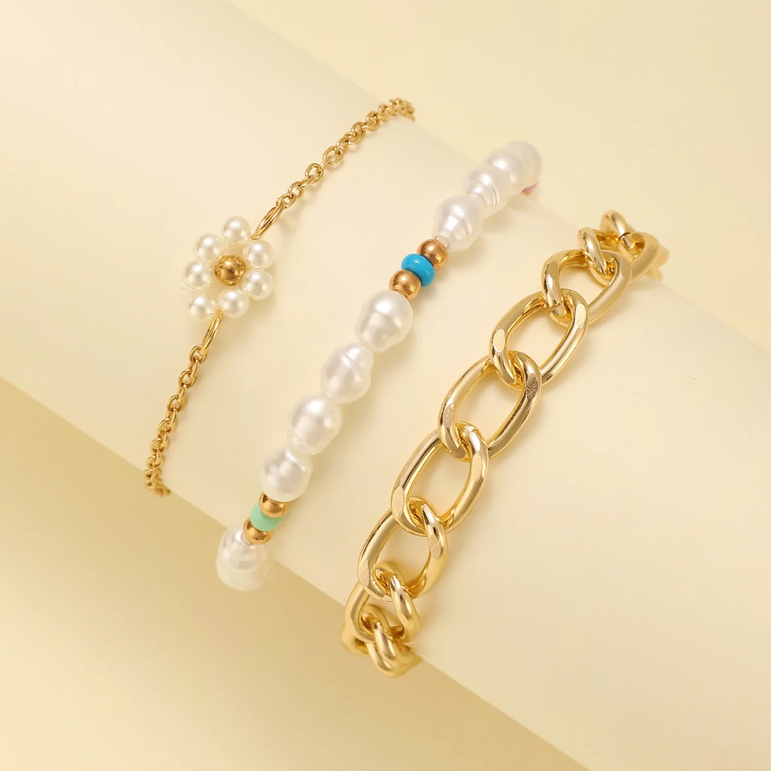 2024 Mixed Wholesale Simple Cuban thick chain pearl flower bracelet set bracelet jewelry women